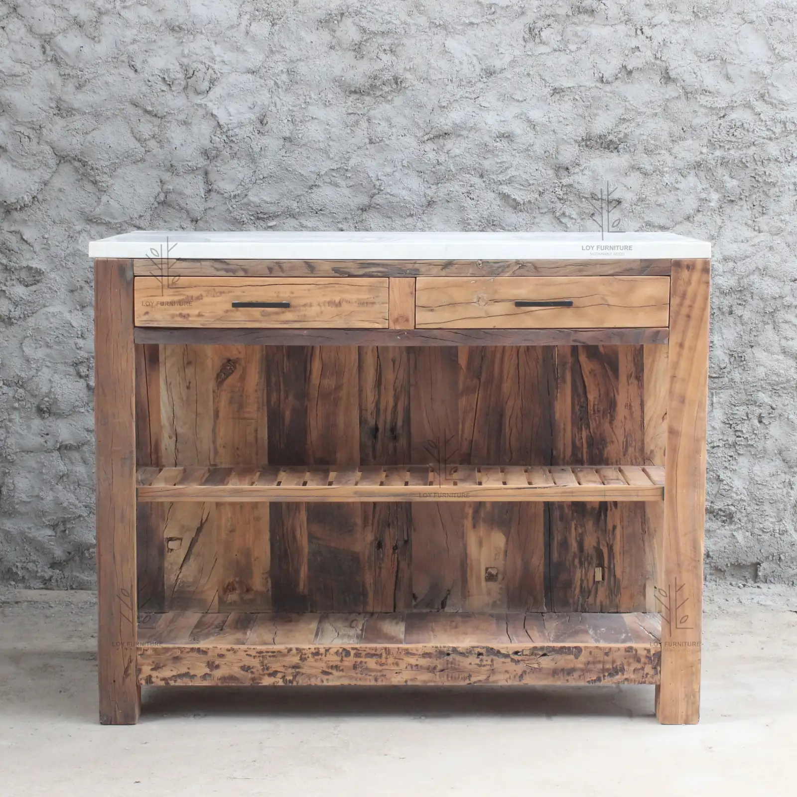 Isla de Cocina en Madera Reciclada y Mármol Ibiza