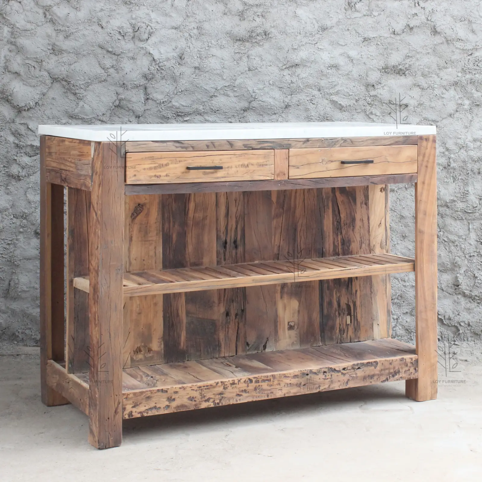 Isla de Cocina en Madera Reciclada y Mármol Ibiza - Imagen 2